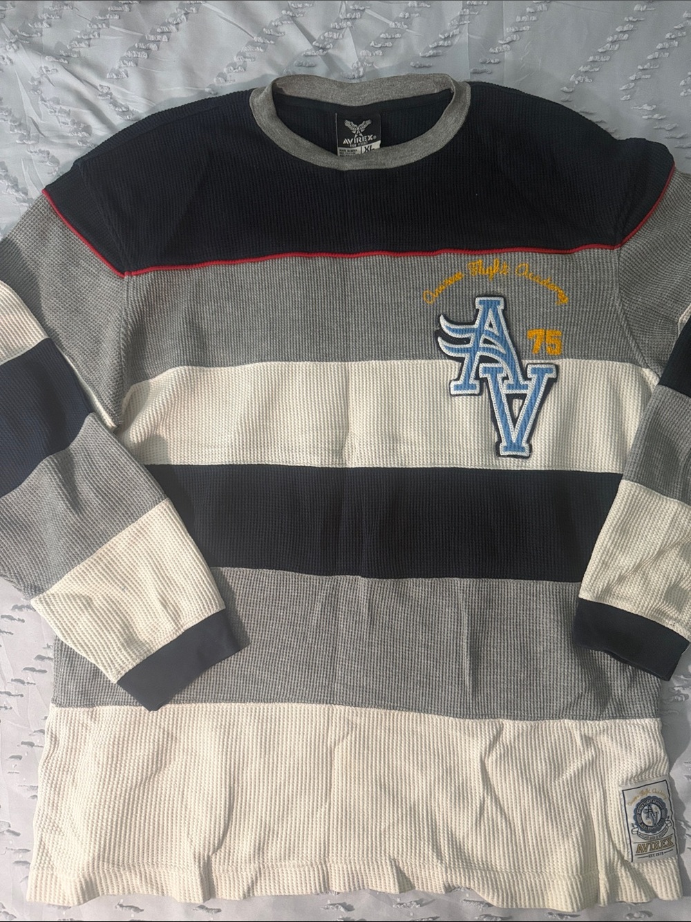 Avirex Men’s Striped Crewneck Sweater in Navy, Gray, Cream with Red Accent